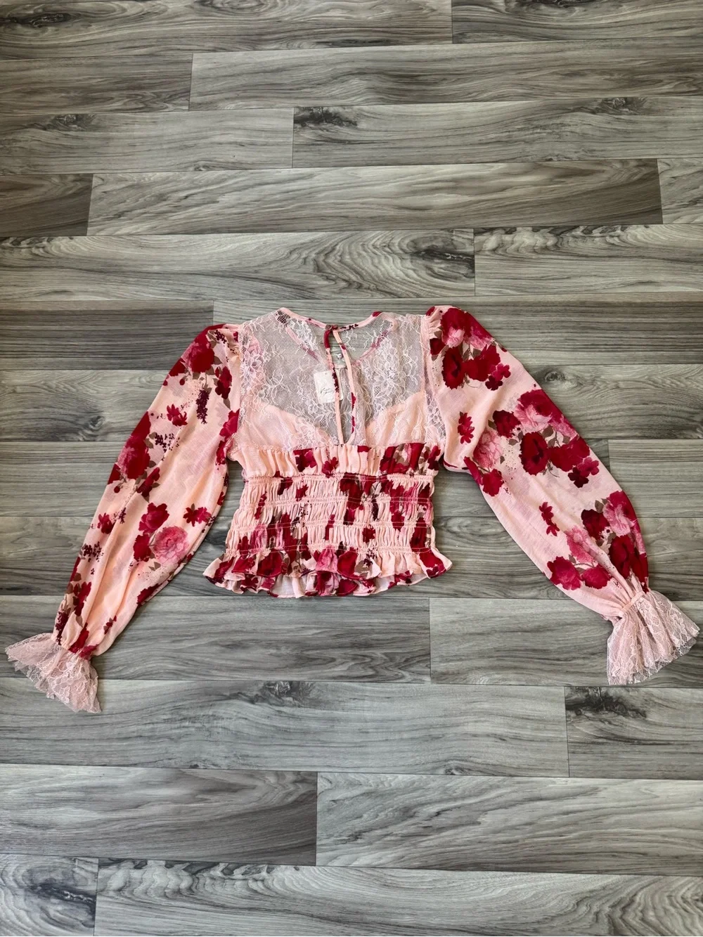 NWT Free People Daphne Blouse in Romantic Combo Lace Yoke Puff Sleeve Size Med